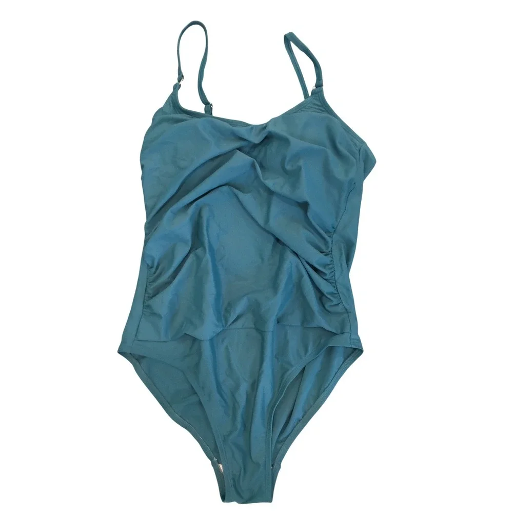 Kona Sol Womens Teal Blue Ruched‎ Front Ladder Back One Piece Swimsuit Size L